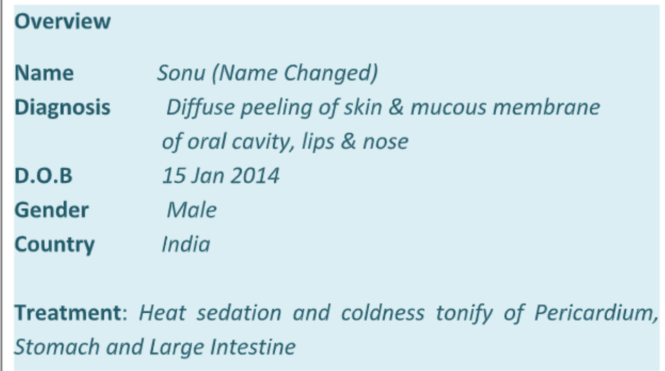 Diffuse peeling of skin & mucous membrane of oral cavity, lips & nose